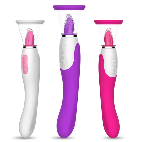 Sugador clitorial com língua vibratória Birdsexy em silicone rosa sobre superfície elegante.