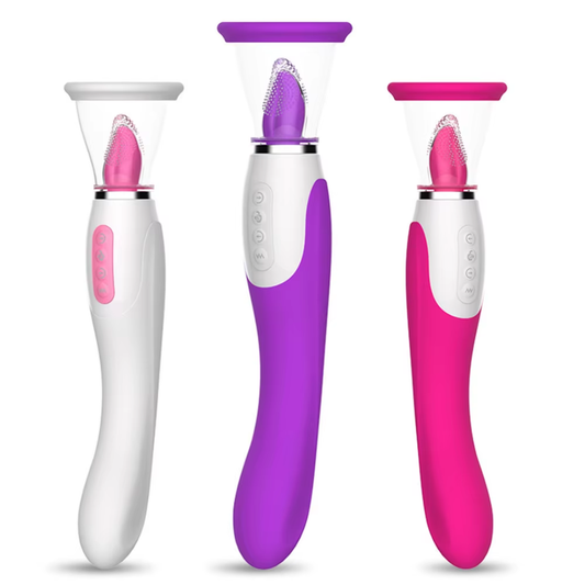 Sugador clitorial com língua vibratória Birdsexy em silicone rosa sobre superfície elegante.